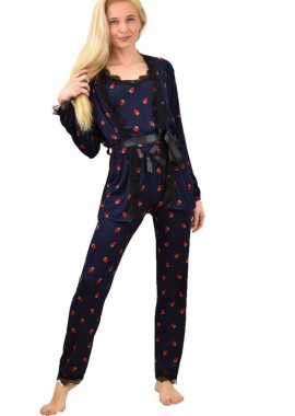 Potre OR - Γυναικεία πιτζάμα σετ 3 τεμ με σχέδιο φράουλες Μπλε Σκούρο 14315