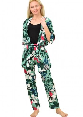 Potre OR - Γυναικεία πιτζάμα σετ 3 τεμ φλοράλ με ζώνη Πράσινο 14267