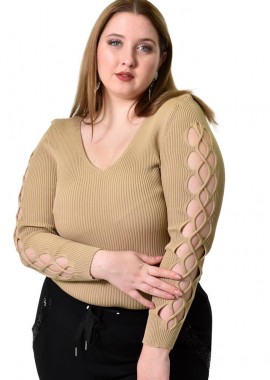 Potre OR - Γυναικείο Plus τοπ με διάτρητο μανίκι Μπεζ 21949