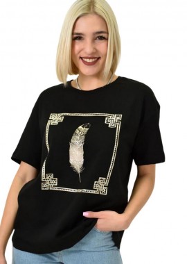 Potre OR - Γυναικείο T-shirt με σχέδιο φτερό Μαύρο 23195