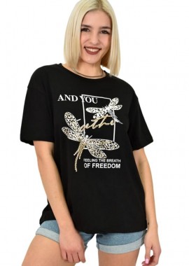 Potre OR - Γυναικείο T-shirt με σχέδιο και στρας Μαύρο 23160