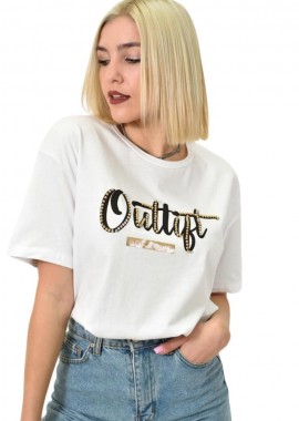 Potre OR - Γυναικείο T-shirt με σχέδιο και στρας Λευκό 23145