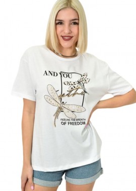 Potre OR - Γυναικείο T-shirt με σχέδιο και στρας Λευκό 23161