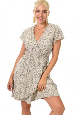 Potre OR - Γυναικείο φλοράλ φόρεμα κρουαζέ που δένει στο πλάι Μπεζ 11395