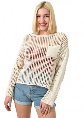 Potre OR - Γυναικεία πλεκτή μπλούζα με τσέπη Εκρού 23462