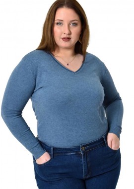 Potre OR - Πλεκτή μπλούζα ζέρσεϊ με V λαιμόκοψη για μεγάλα μεγέθη Μπλε 22777