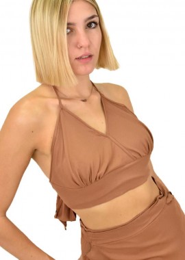 First Woman - Γυναικείο crop top κρουαζέ μονόχρωμο Καφέ 16854