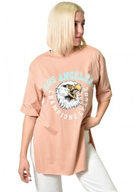 First Woman - Μπλούζα μονόχρωμη με ανοίγματα και στάμπα Μπεζ 23679