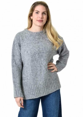 Potre OR - Oversized Πλεκτή Μπλούζα με Στρογγυλή Λαιμόκοψη & Ριμπ Λεπτομέρειες Γκρι 27304