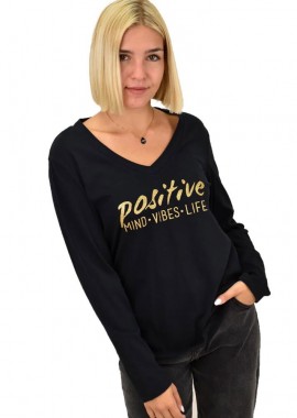 Potre OR - Βαμβακερή μπλούζα μακρυμάνικη με τύπωμα POSITIVE Μαύρο 18174