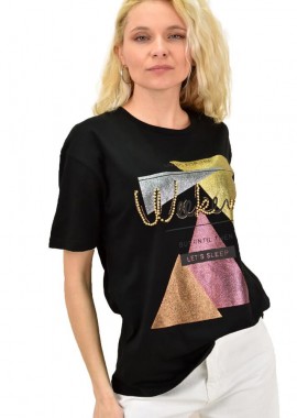 Potre OR - Γυναικείο T-shirt με τύπωμα και στρας WEEKEND Μαύρο 14973