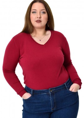 Potre OR - Πλεκτή μπλούζα ζέρσεϊ με V λαιμόκοψη για μεγάλα μεγέθη Μπορντώ 22783