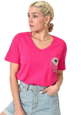 Potre OR - T-shirt με στρας & σχέδιο μάτι Φούξια 24158