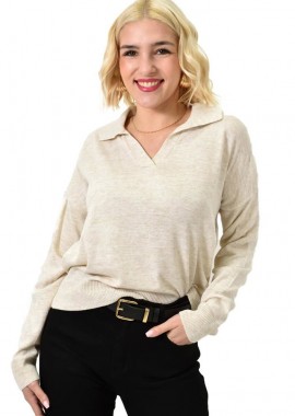 Potre OR - Μπλούζα με γιακά μονόχρωμη Μπεζ 23078