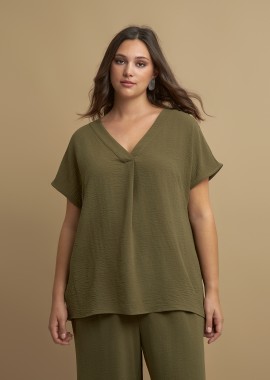 MAT FASHION - Μπλούζα κρεπ airwashed με V-λαιμόκοψη και πιέτα μπροστά