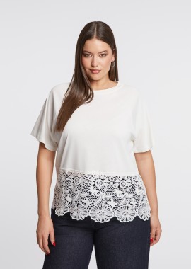 MAT FASHION - Βαμβακερό t-shirt με δαντέλα στο τελείωμα