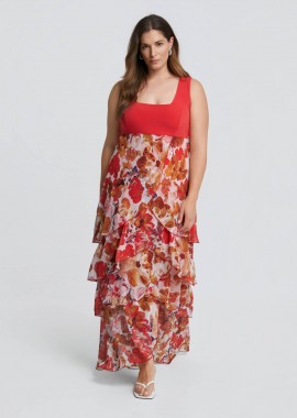 MAT FASHION - Maxi φλοράλ φόρεμα με βολάν και contrast μπούστο