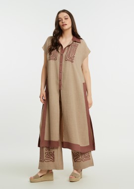 MAT FASHION - Μακριά πουκαμίσα με λινό και κέντημα