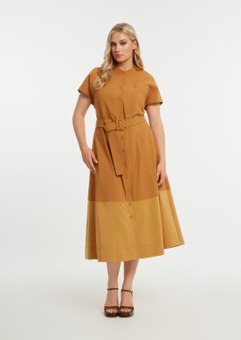 MAT FASHION - Midi σεμιζιέ φόρεμα με ζώνη και συνδυασμό υφασμάτων