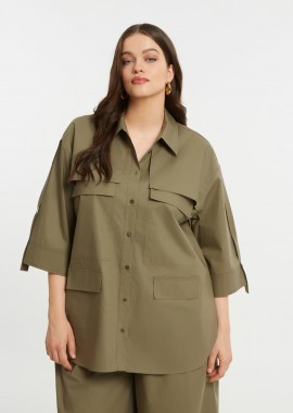 MAT FASHION - Πουκάμισο ποπλίνα με patch τσέπες και δεσίματα στα μανίκια