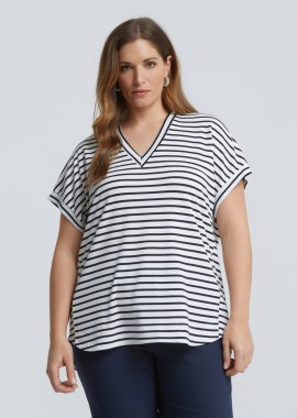 MAT FASHION - Ριγέ μπλούζα με V-λαιμόκοψη και κοντά μανίκια