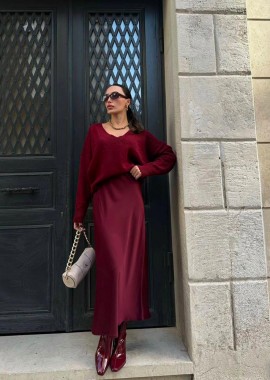 SOU - Myla γυναικεία μιντι σατεν φούστα μπορντό