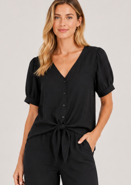 Anna Raxevsky - ΜΑΥΡΟ LINEN-LOOK CROP TOP ΠΟΥΚΑΜΙΣΟ