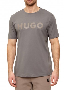 HUGO - ΑΝΔΡΙΚΟ T-SHIRT HUGO DULIVIO ΚΟΝΤΟΜΑΝΙΚΟ ΜΕ ΤΥΠΩΜΑ ΣΚΟΥΡΟ ΓΚΡΙ