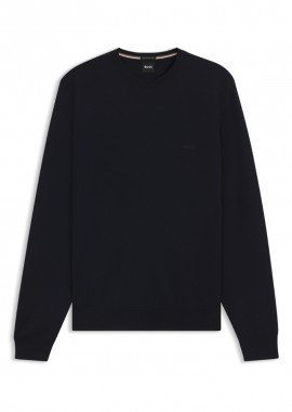 BOSS - ΑΝΔΡΙΚΟ ΠΛΕΚΤΟ BOSS CREW NECK BOTTO-L ΚΑΝΟΝΙΚΗ ΓΡΑΜΜΗ ΣΚΟΥΡΟ ΜΠΛΕ