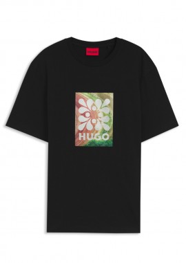 HUGO - ΑΝΔΡΙΚΟ T-SHIRT HUGO DAMORU ΚΟΝΤΟΜΑΝΙΚΟ ΜΕ ΤΥΠΩΜΑ ΜΑΥΡΟ