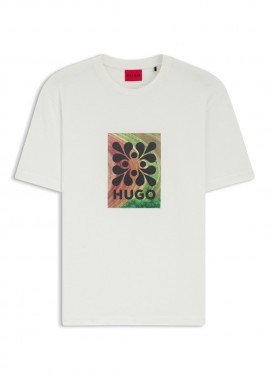 HUGO - ΑΝΔΡΙΚΟ T-SHIRT HUGO DAMORU ΚΟΝΤΟΜΑΝΙΚΟ ΜΕ ΤΥΠΩΜΑ ΕΚΡΟΥ