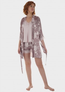 gsecret - Γυναικείο σετ σατέν baby doll & ρόμπα all print flowers.Συσκευασία 3pack ΓΚΡΙ