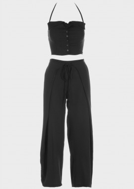 gsecret - Γυναικείο set crop top με κουμπιά και παντελόνα. ΜΑΥΡΟ