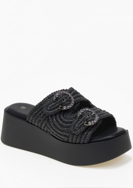 Issue - Πλατφόρμες με ψάθινο σχέδιο και ρυθμιζόμενα ζωνάκια - Μαύρο