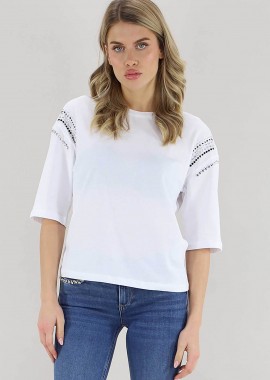 LIU JO - Liu Jo γυναικείο T-shirt με στρας Relaxed Fit - WA6128JS904 Λευκό