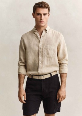 GANT - Gant ανδρικό λινό πουκάμισο button down με τσέπη και κεντημένο λογότυπο Regular Fit - 3240120 Μπεζ
