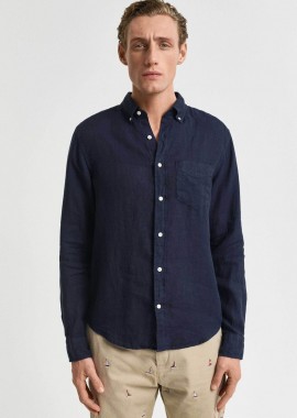 GANT - Gant ανδρικό λινό πουκάμισο button down με τσέπη και κεντημένο λογότυπο Regular Fit - 3240120 Μπλε Σκούρο
