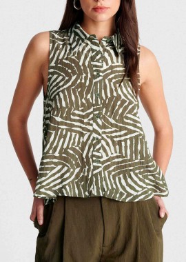 'ALE - 'ALE γυναικείο πουκάμισο αμάνικο με geometrical print - 8923065 Χακί