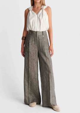 'ALE - 'ALE γυναικείο λινό παντελόνι Wide Leg - 8923189 Ανθρακί