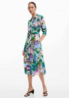 DESIGUAL - Desigual γυναικείο midi φόρεμα σεμιζιέ με ζώνη και floral print Regular Fit