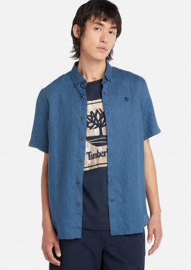 TIMBERLAND - Timberland ανδρικό λινό πουκάμισο button down κοντομάνικο με κεντημένο tree logo Slim Fit