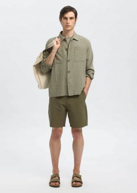 SELECTED - Selected ανδρική βερμούδα μονόχρωμη με λινό Regular Fit - 16092367 Λαδί