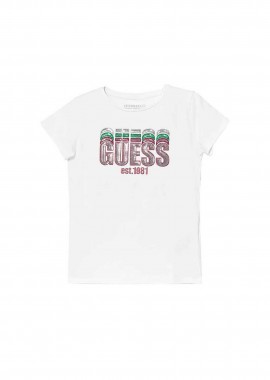 GUESS - Guess παιδικό T-shirt με ανάγλυφο λογότυπο με παγιέτα - K5RI17K6YW4 Λευκό