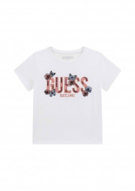 GUESS - Guess παιδικό T-shirt με κεντημένο λογότυπο και παγιέτα - J6RI34K6YW4 Λευκό