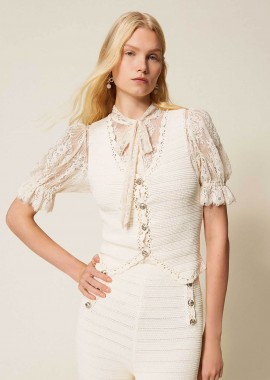 TWINSET - Twinset γυναικείο γιλέκο crochet με κουμπιά - 261TP3077 Μπεζ