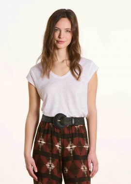 LA FEE MARABOUTEE - La Fée Maraboutée γυναικείο λινό T-shirt με V Straight Cut - FA-TS-DAVIA Λευκό