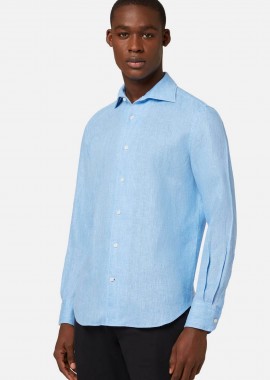 BOGGI MILANO - Boggi Milano ανδρικό λινό πουκάμισο μονόχρωμο Regular Fit - BO22C012202 Μπλε Ανοιχτό