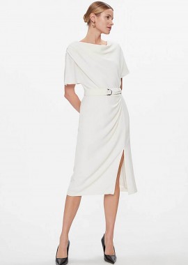 DKNY - DKNY γυναικείο midi φόρεμα με άνοιγμα στο πλάι και ζώνη στη μέση - DD3J233A Εκρού