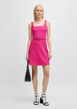 HUGO - Hugo Boss γυναικείο mini φόρεμα με ασορτί ζώνη στη μέση Regular Fit - 50537631 Φούξια