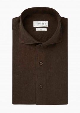 PROFUOMO - Profuomo ανδρικό λινό πουκάμισο μονόχρωμο Slim Fit - PPWH10020H Καφέ